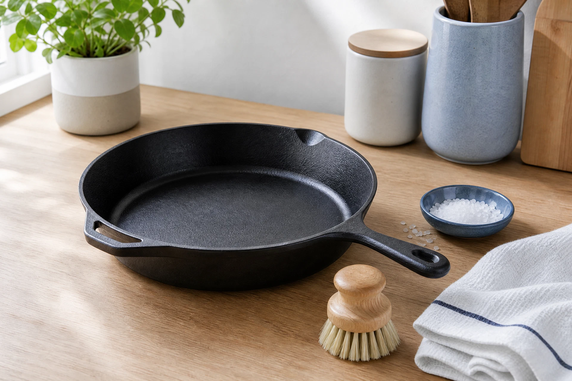 A clean cast-iron skillet on a stove beside a wooden spatula and dry towel.