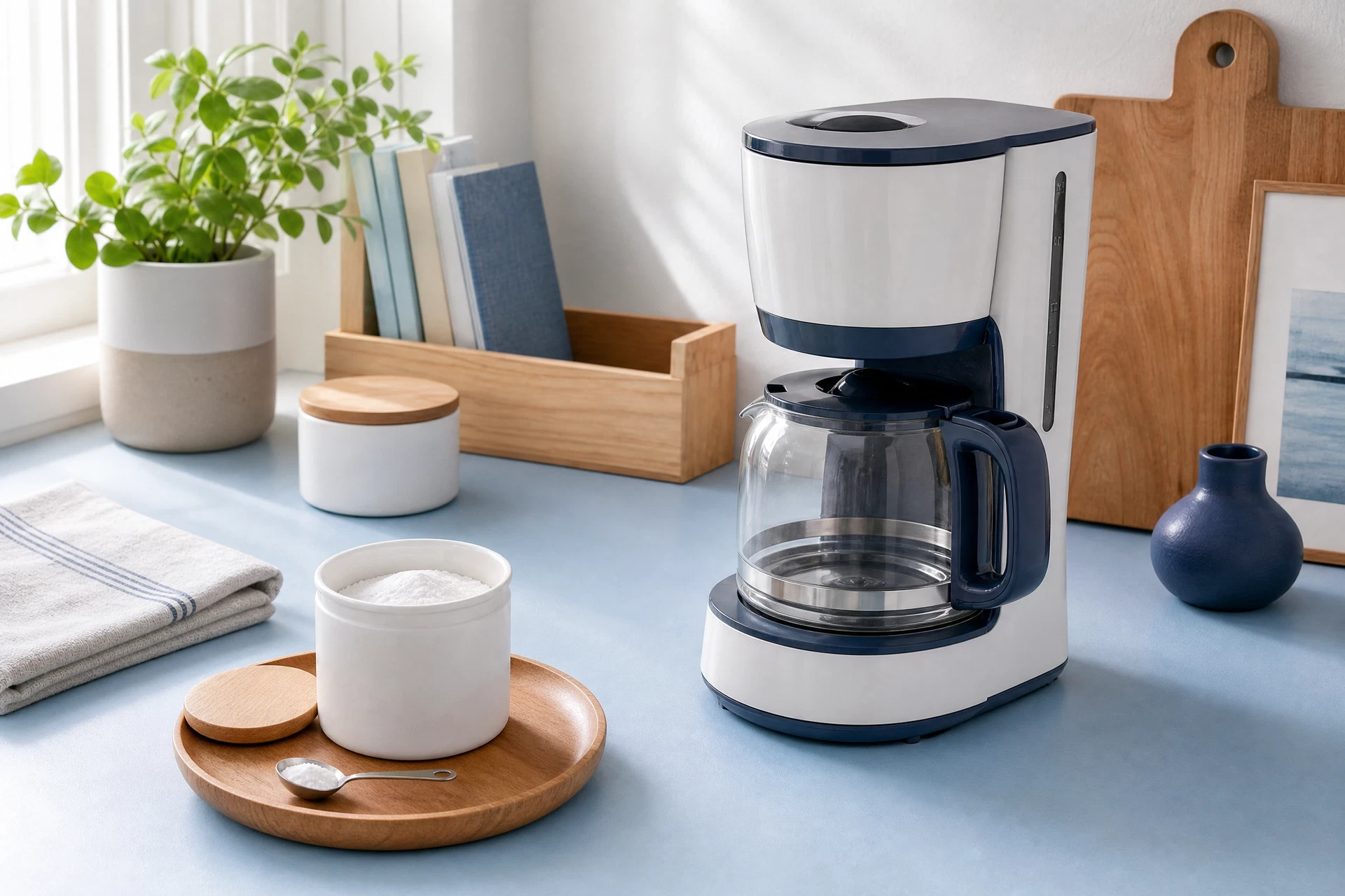 A drip coffee maker with an empty carafe, clean water reservoir, and soft cloth.