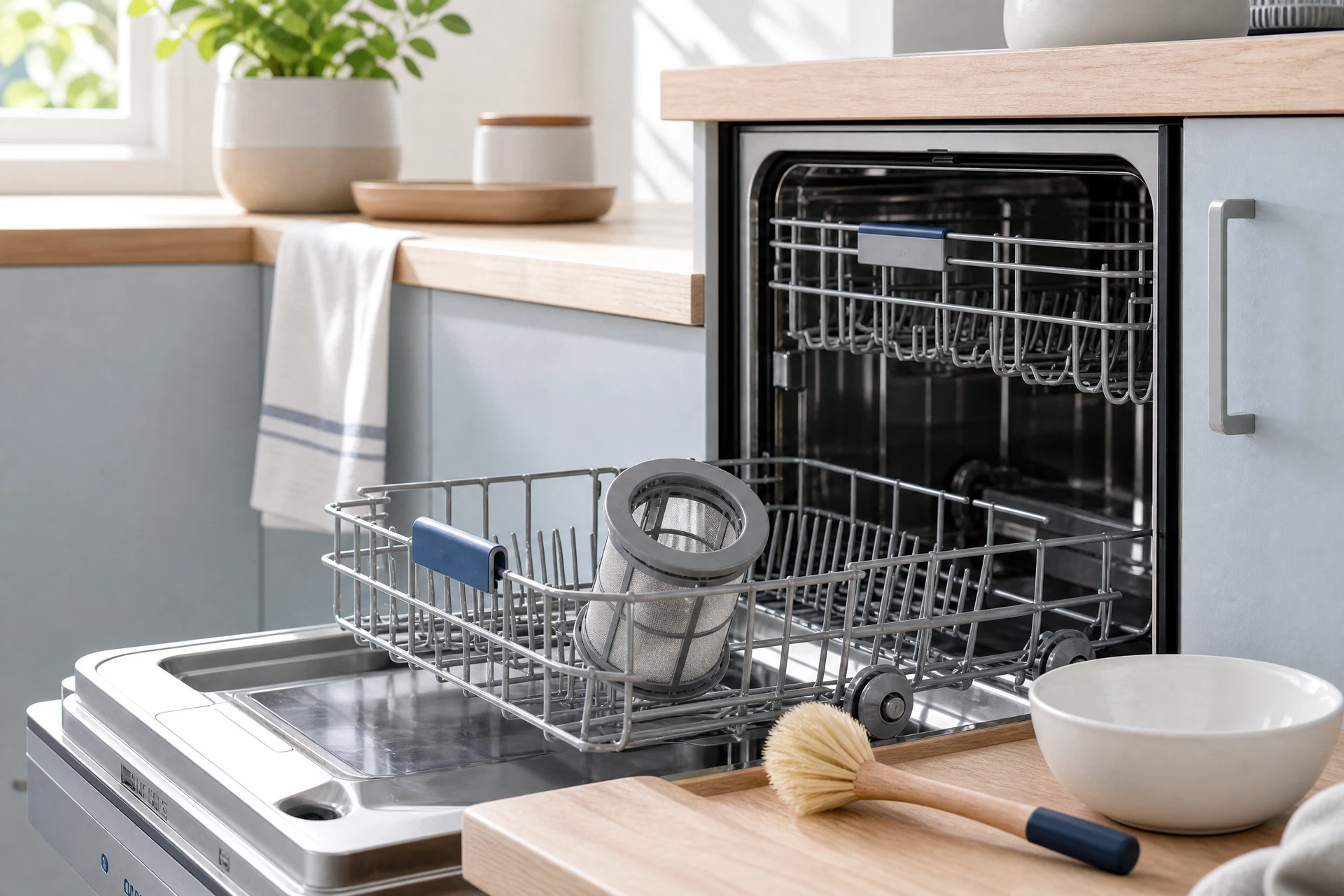 An open empty dishwasher with a clean lower rack and removable filter area.