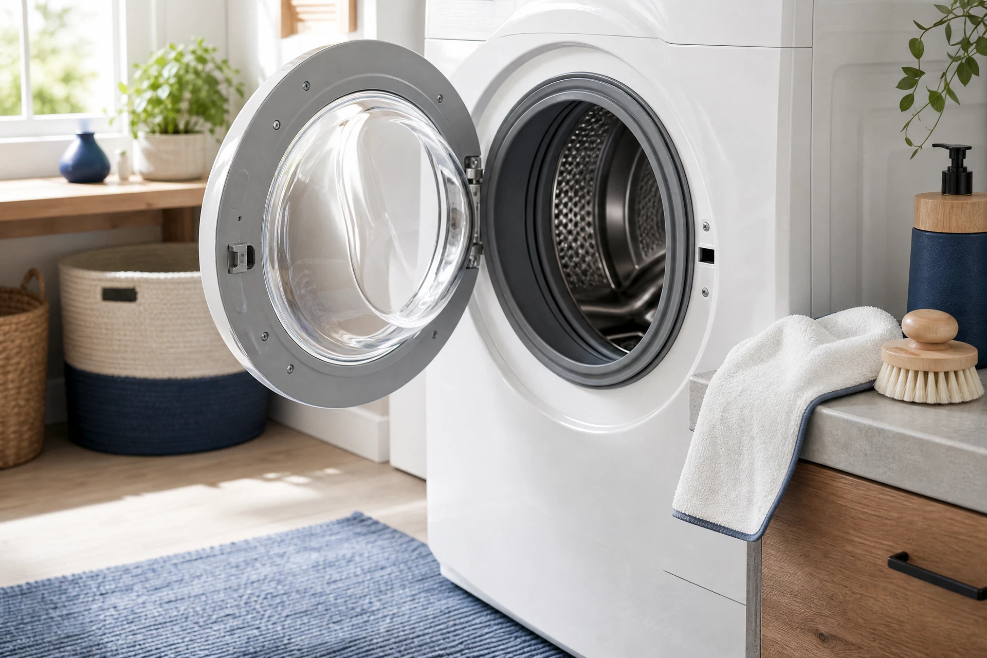 The open door of a front-load washing machine with a clean rubber gasket and soft cloth.