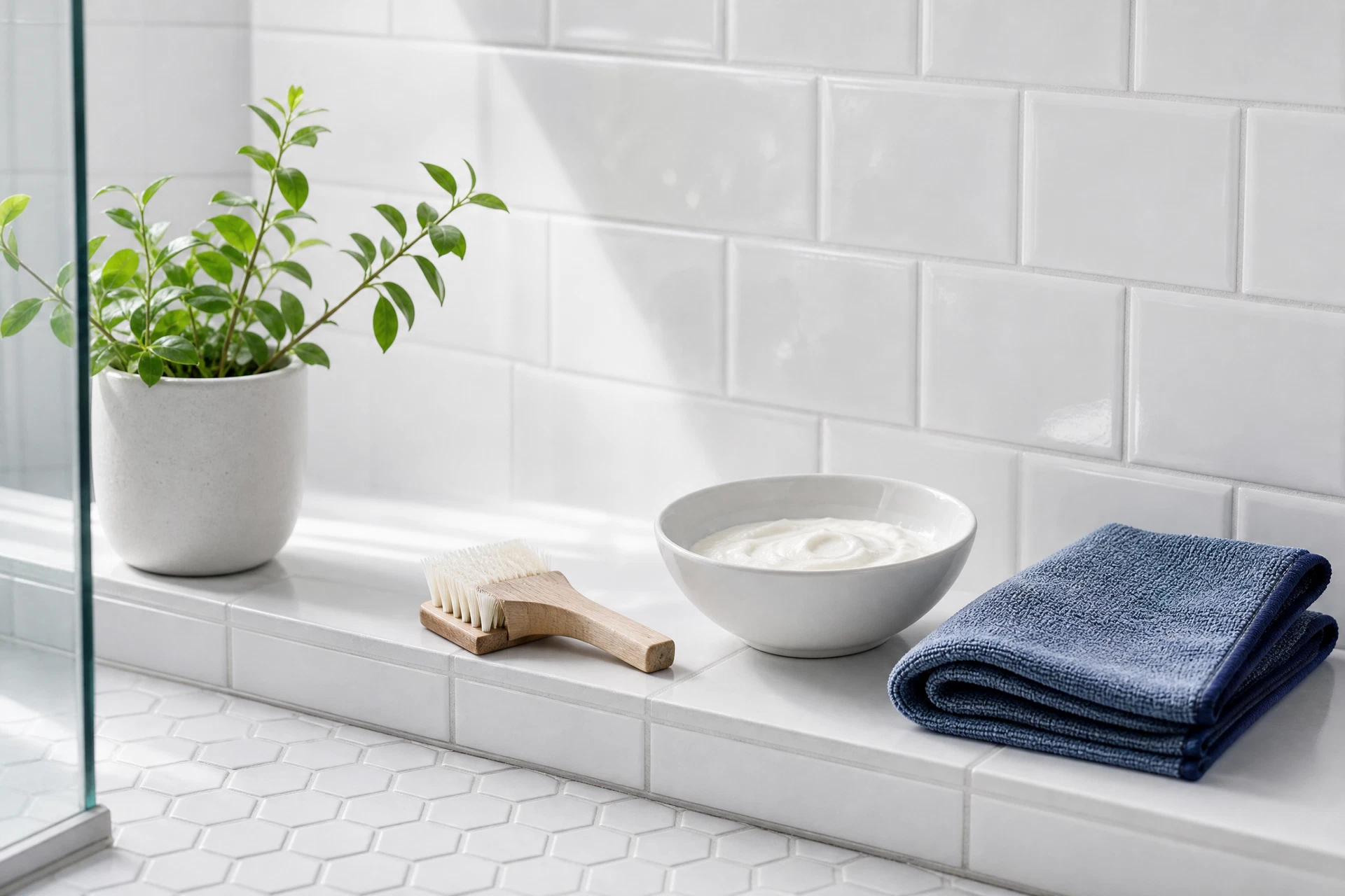A tiled shower wall with a soft brush, microfiber cloth, and small cleaning bowl nearby.