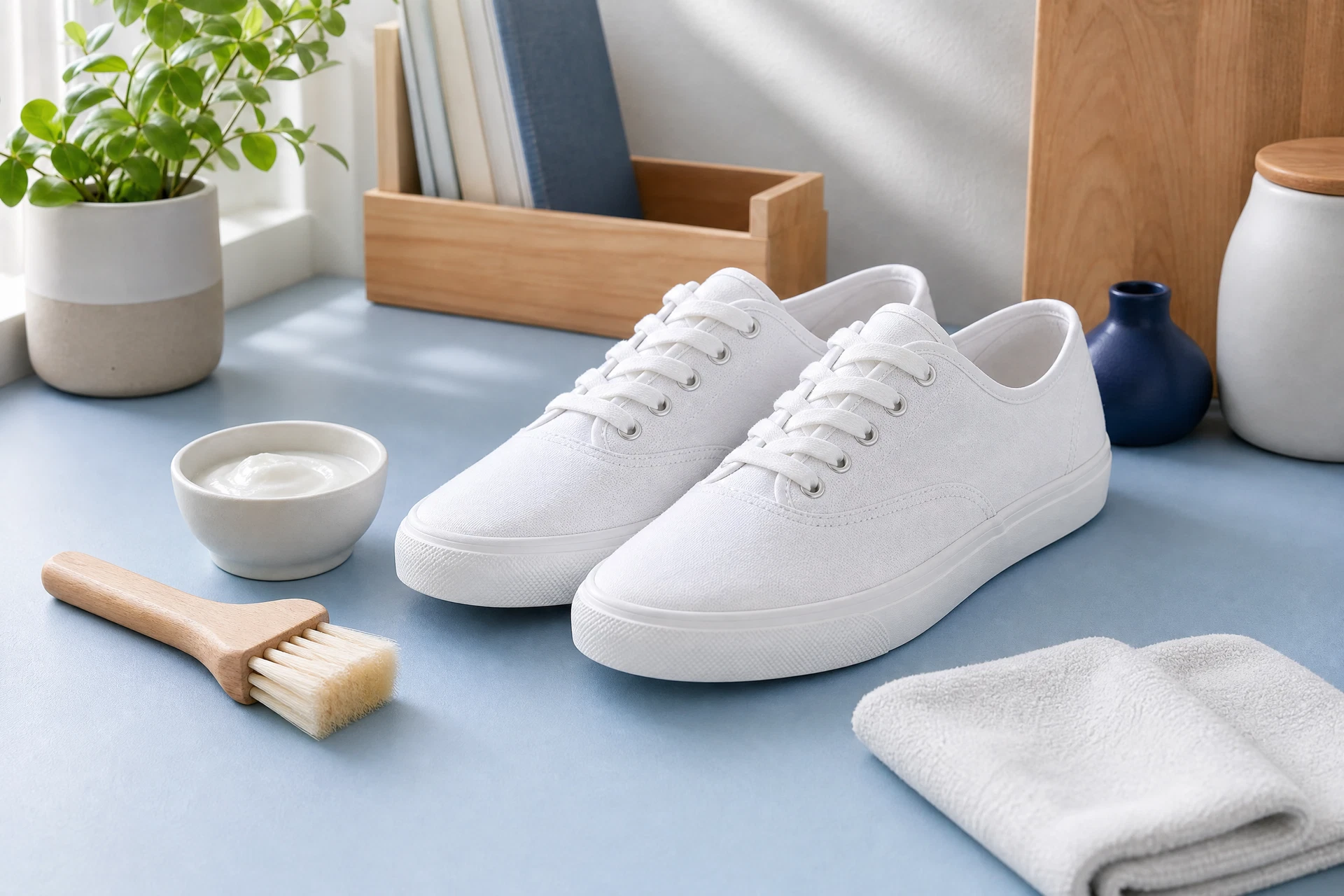 A pair of white sneakers being cleaned with a soft brush, mild soap solution, and microfiber cloth.