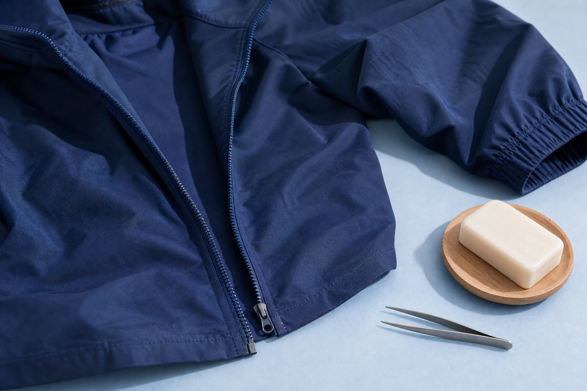 A jacket zipper laid flat with clean zipper teeth and a small soft brush nearby.