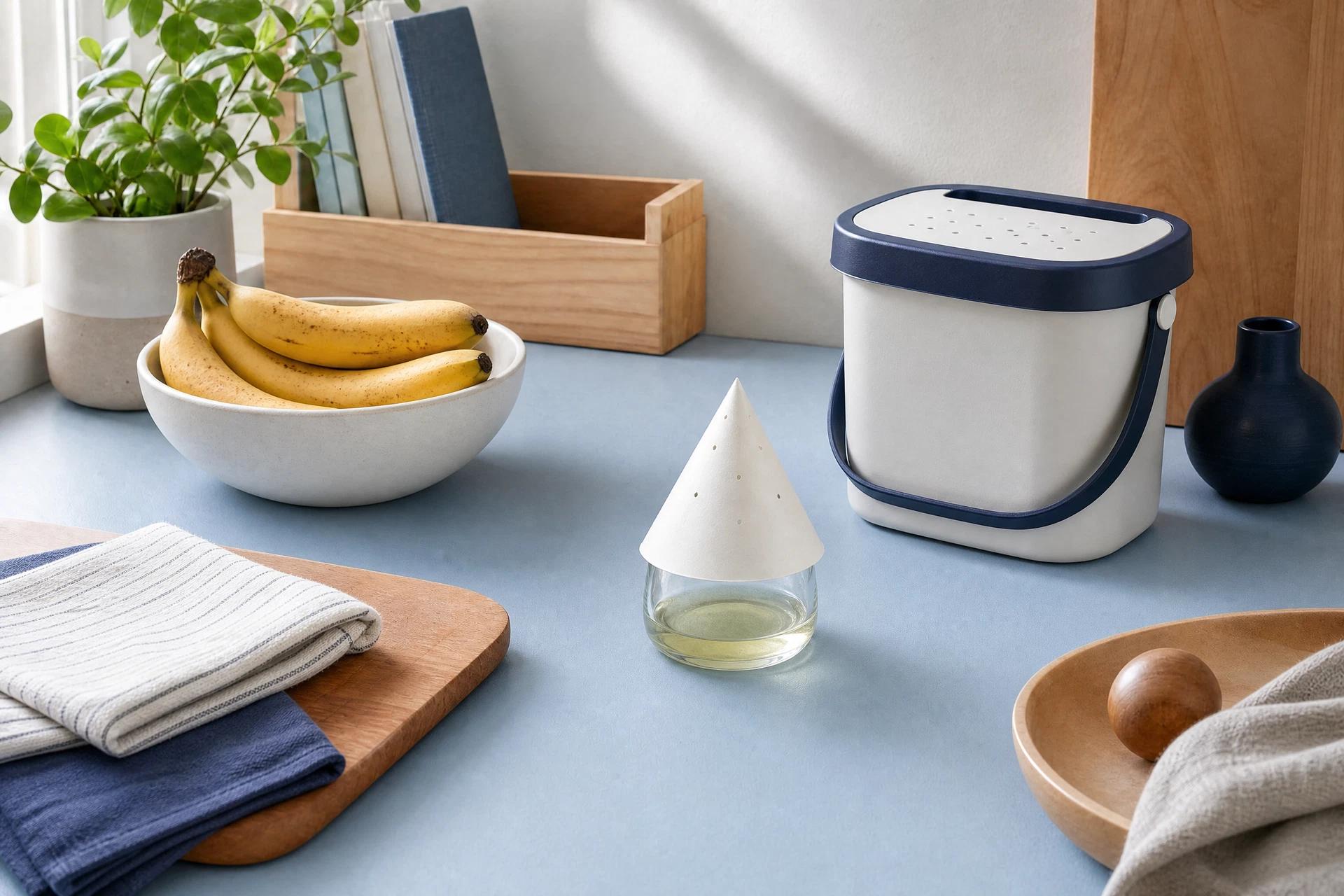A clean kitchen counter with covered fruit, a sink, and a small glass trap set aside.