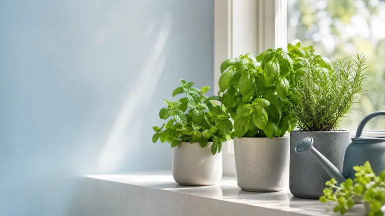 Green potted herbs on a sunlit windowsill with a small watering can.