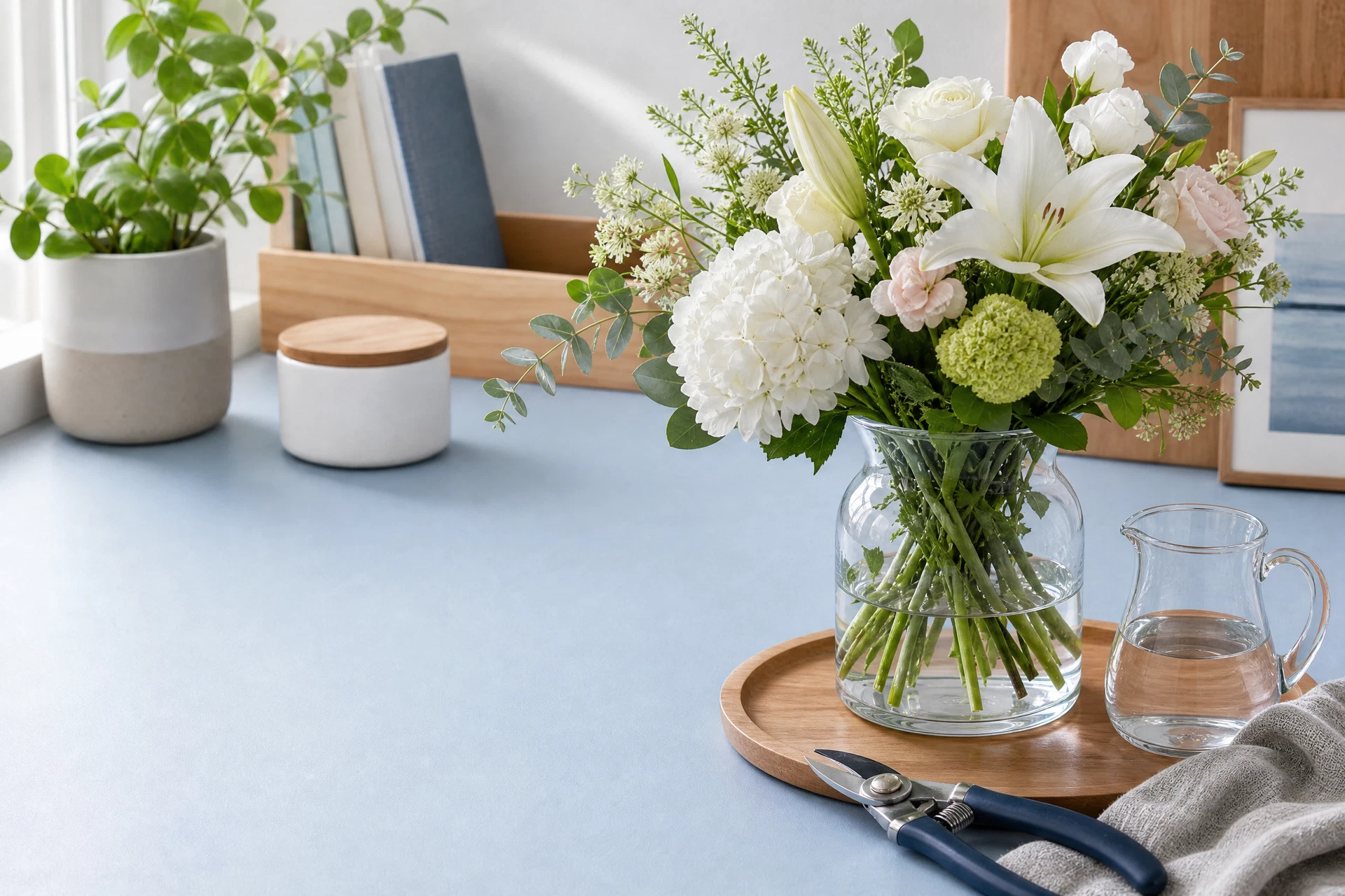A glass vase of fresh cut flowers on a bright table away from direct sun.