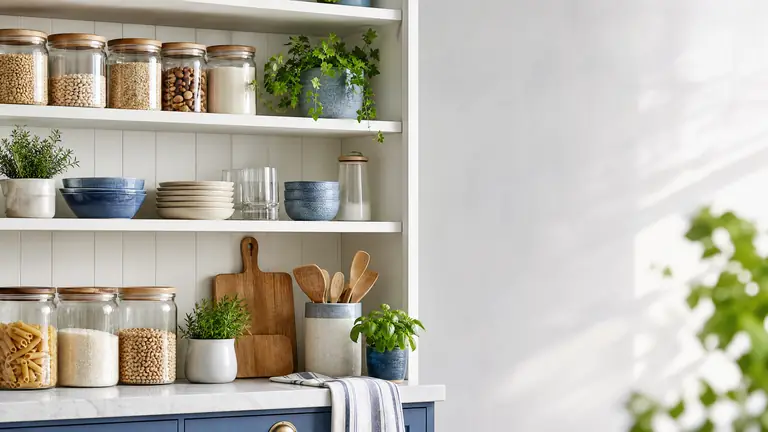 A bright organized kitchen shelf with jars, containers, herbs, and wooden utensils.