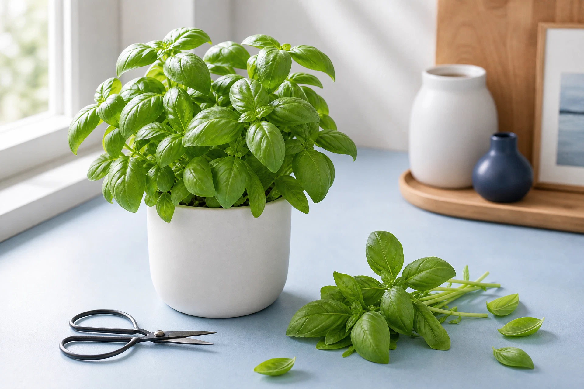 A leafy basil plant with clean scissors positioned above a pair of leaves.