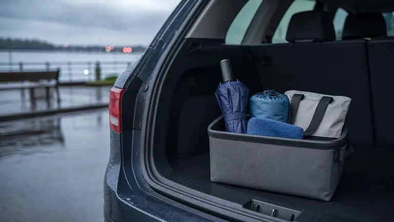 A compact rainy-day car kit with a folded umbrella, microfiber cloth, reusable pouch, and spare socks in a vehicle trunk.