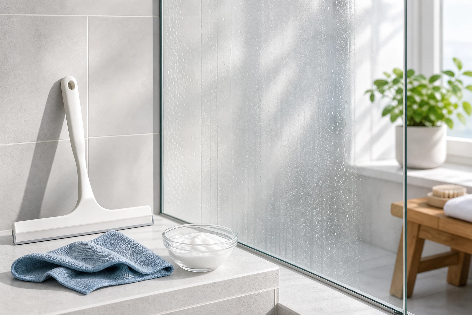 A clear glass shower door being wiped with a microfiber cloth and squeegee.