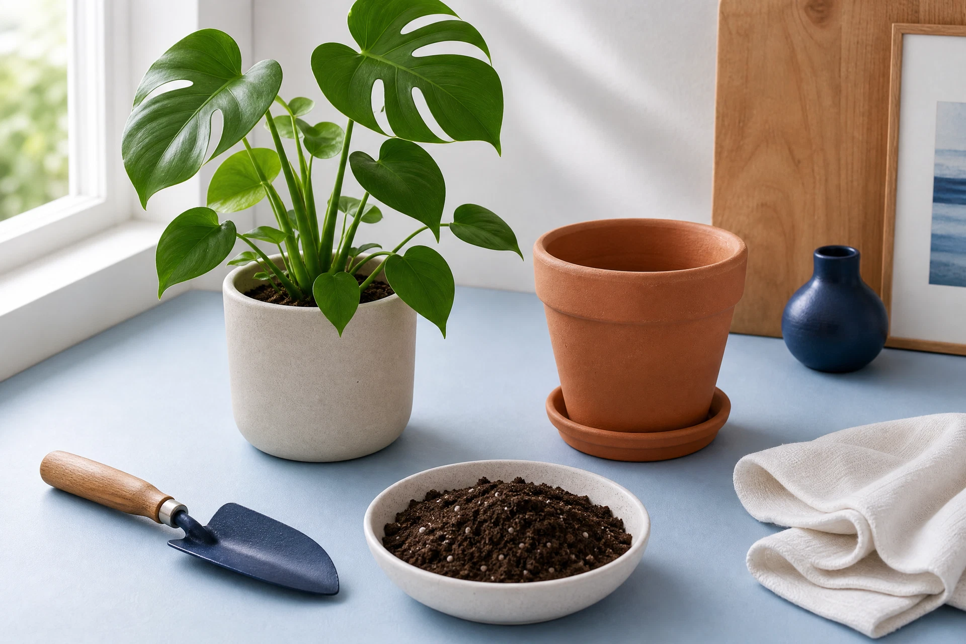 A healthy houseplant beside a slightly larger pot, fresh potting mix, and clean gardening tools.