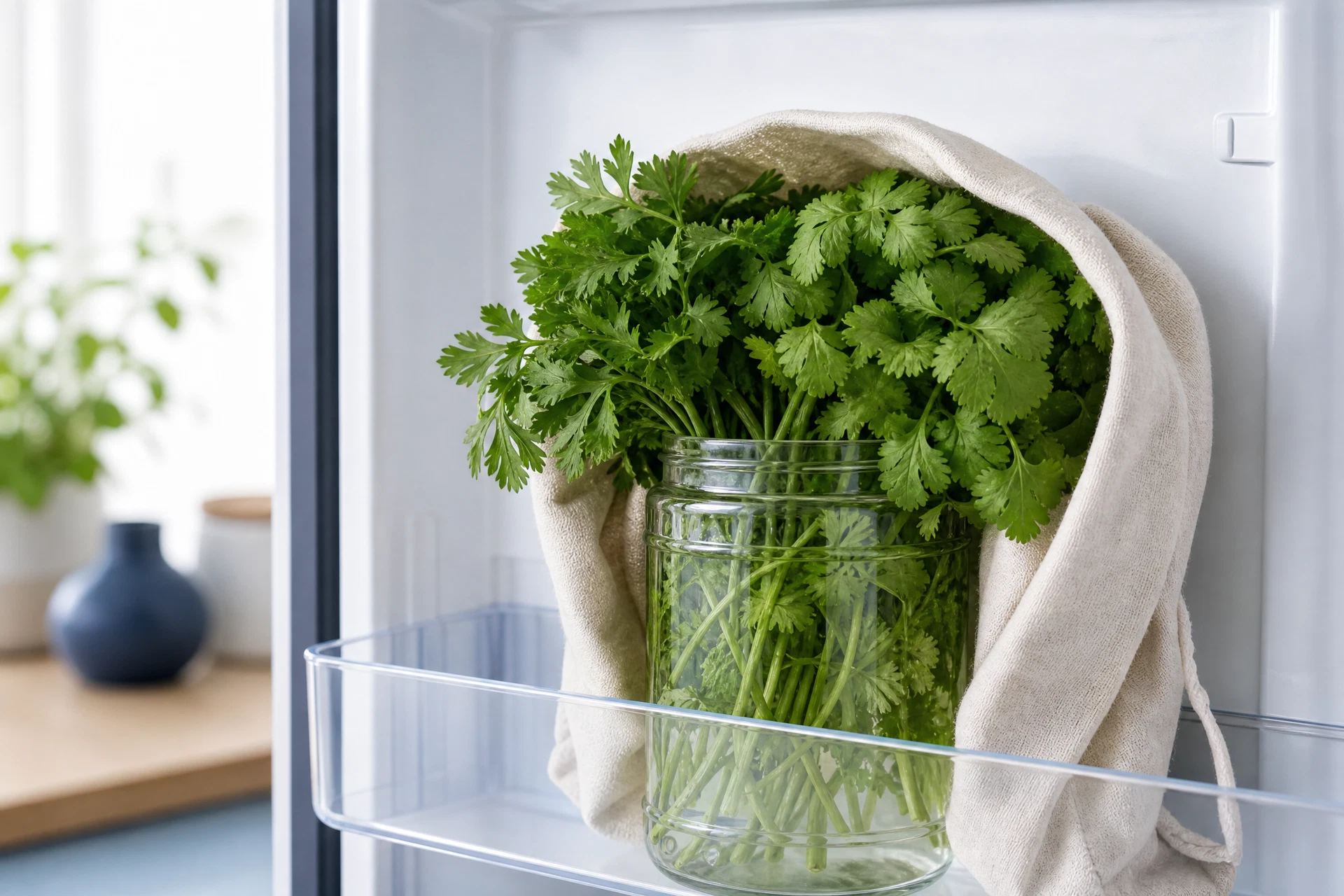 Fresh basil, parsley, and cilantro prepared with clean towels for refrigerator storage.