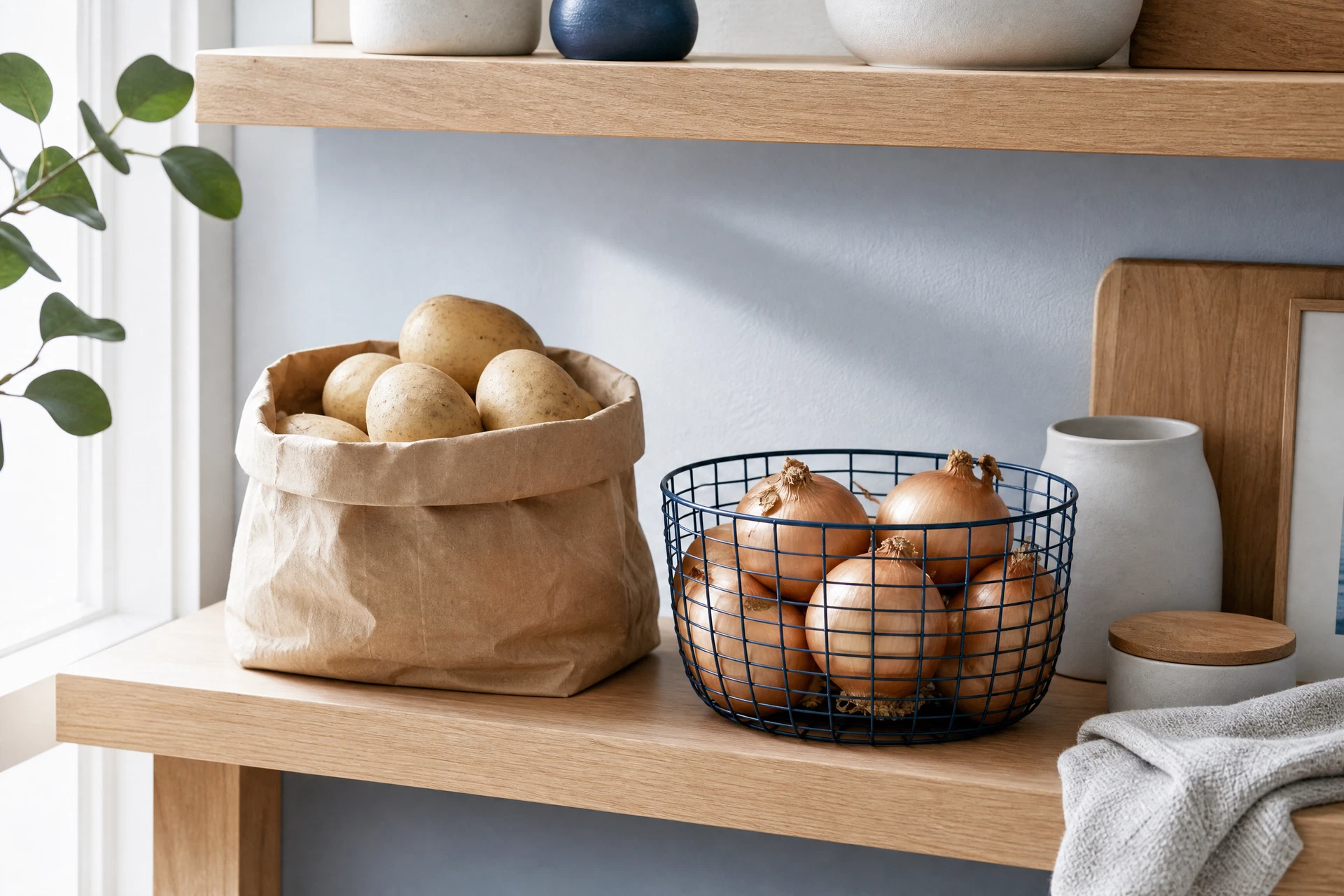 Potatoes and onions stored separately in breathable baskets in a cool, dark pantry.
