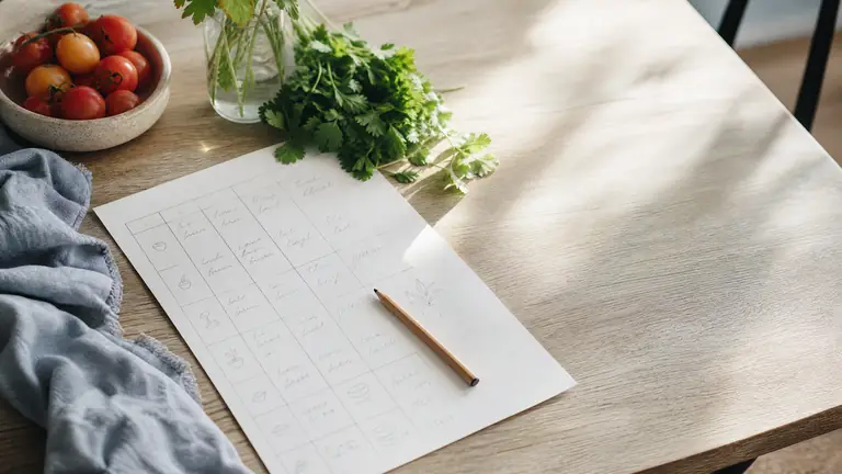 A weekly meal planner with fresh ingredients, a pen, and a simple grocery list on a kitchen table.